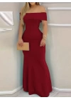 Kadın Kısa Kollu Madonna Yaka Belden Oturtmalı Uzun Ithal Krep Elbise
