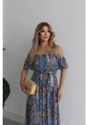 Kadın Kısa Kollu Madonna Yaka Fırfırlı Belden Yırtmaçlı Maksi Süprem Elbise