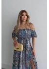 Kadın Kısa Kollu Madonna Yaka Fırfırlı Belden Yırtmaçlı Maksi Süprem Elbise
