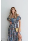 Kadın Kısa Kollu Madonna Yaka Fırfırlı Belden Yırtmaçlı Maksi Süprem Elbise
