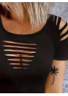 Kadın Kısa Kollu Omuz Ve Göğüs Kesik Detay Viskon Bluz