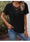 Kadın Kısa Kollu önden çapraz Detay V Yakalı Viskon Bluz