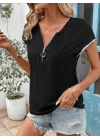 Kadın Kısa Kollu önden Fermuarlı Kol Ucu ışıltılı Viskon Bluz