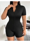 Kadın Kısa Kollu önü Fermuarlı Bodycon Dalgıç Tulum