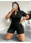Kadın Kısa Kollu önü Fermuarlı Bodycon Dalgıç Tulum