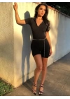 Kadın Kısa Kollu önü Fermuarlı Bodycon Dalgıç Tulum