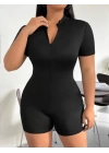 Kadın Kısa Kollu önü Fermuarlı Bodycon Dalgıç Tulum