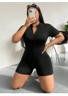 Kadın Kısa Kollu önü Fermuarlı Bodycon Dalgıç Tulum
