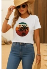 Kadın Kısa Kollu Palmiye Baskılı Viskon T-shirt