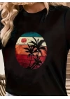 Kadın Kısa Kollu Palmiye Baskılı Viskon T-shirt