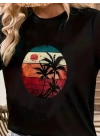 Kadın Kısa Kollu Palmiye Baskılı Viskon T-shirt