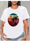 Kadın Kısa Kollu Palmiye Baskılı Viskon T-shirt