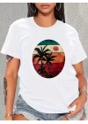 Kadın Kısa Kollu Palmiye Baskılı Viskon T-shirt