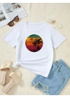 Kadın Kısa Kollu Palmiye Baskılı Viskon T-shirt