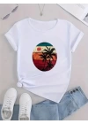 Kadın Kısa Kollu Palmiye Baskılı Viskon T-shirt