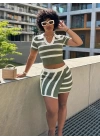 Kadın Kısa Kollu Polo Yaka Crop Asimetrik Mini Triko Etek Ikili Takım