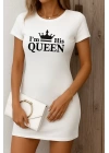 Kadın Kısa Kollu Queen Baskı Iki Iplik Mini Elbise