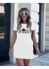 Kadın Kısa Kollu Queen Baskı Iki Iplik Mini Elbise