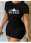 Kadın Kısa Kollu Queen Baskı Iki Iplik Mini Elbise