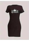 Kadın Kısa Kollu Queen Baskı Iki Iplik Mini Elbise