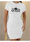 Kadın Kısa Kollu Queen Baskı Iki Iplik Mini Elbise