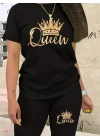 Kadın Kısa Kollu Queen Baskı Viskon Ikili Takım