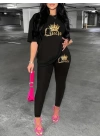 Kadın Kısa Kollu Queen Baskı Viskon Ikili Takım