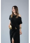 Kadın Kısa Kollu Tek Omuzdan Açık Beli Lastikli Sandy Maxi Elbise