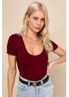 Kadın Bordo Derin U Yaka Kısa Kollu Alttan Çıtçıtlı Çift Kat İpek Jarse Tanga Bodysuit