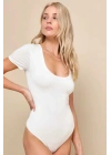 Kadın Beyaz Derin U Yaka Kısa Kollu Alttan Çıtçıtlı Çift Kat İpek Jarse Tanga Bodysuit