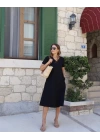Kadın Kısa Kollu V Yaka Cepli Midi Boy Viskon Elbise