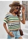 Kadın Kısa Kollu V Yaka çizgili Süprem T-shirt