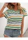 Kadın Kısa Kollu V Yaka çizgili Süprem T-shirt