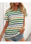 Kadın Kısa Kollu V Yaka çizgili Süprem T-shirt