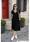 Kadın Kısa Kollu V Yaka Kol Ve Yaka Ribana Detay Midi Boy Viskon Elbise