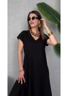 Kadın Kısa Kollu V Yaka Salaş Maxi Boy Elbise
