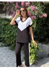 Kadın Kısa Kollu V Yaka Siyah Beyaz Renkli Viskon Iki Iplik Kumaş Eşofman Takımı