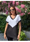 Kadın Kısa Kollu V Yaka Siyah Beyaz Renkli Viskon Iki Iplik Kumaş Eşofman Takımı