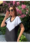 Kadın Kısa Kollu V Yaka Siyah Beyaz Renkli Viskon Iki Iplik Kumaş Eşofman Takımı