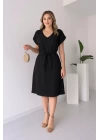 Kadın Kısa Kollu V Yakalı Beli Kuşaklı Ithal Keten Elbise