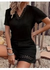 Kadın Kısa Kollu V Yakalı Dantel Detaylı Bürümcük Bluz Ve Short Ikili Takım