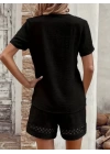 Kadın Kısa Kollu V Yakalı Dantel Detaylı Bürümcük Bluz Ve Short Ikili Takım