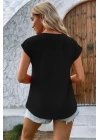 Kadın Kısa Kollu V Yakalı Düğmeli Keten Bluz