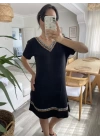 Kadın Kısa Kollu V Yakalı Etnik Desen şerit Detaylı Viskon Elbise