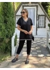 Kadın Kısa Kollu V Yakalı Iki Iplik Bluz Ve Pantolon Ikili Takım