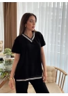Kadın Kısa Kollu V Yakalı Iki Iplik Bluz Ve Pantolon Ikili Takım