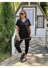 Kadın Kısa Kollu V Yakalı Iki Iplik Bluz Ve Pantolon Ikili Takım