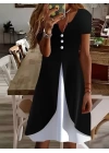 Kadın Kısa Kollu V Yakalı önden Düğmeli çift Renkli Viskon Elbise