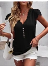Kadın Kısa Kollu V Yakalı önü Düğmeli Viskon Bluz