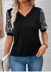 Kadın Kısa Kollu V Yakalı Pul Payet Detaylı Viskon Bluz